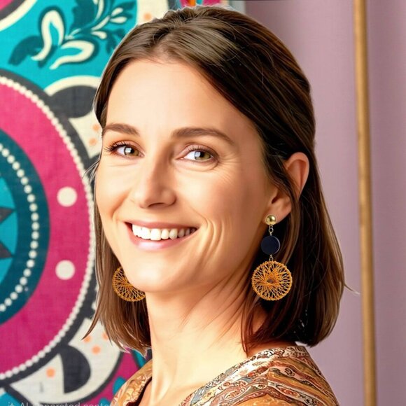 Boho Chic Handwoven Spiral Navy Wood Gold Dangle Earrings Handmade Jewelry - Picture 4 of 15